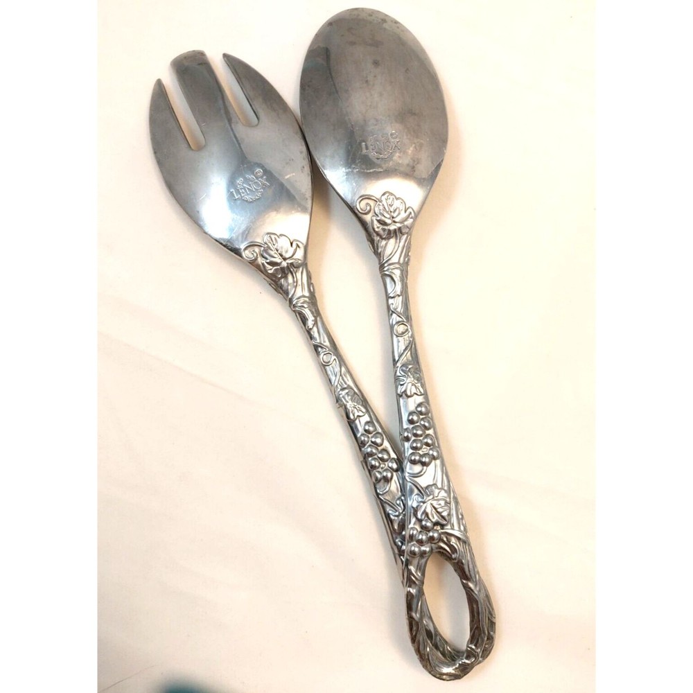 Vintage Lenox Salad Spoon Fork Server Set Aluminum Grapes Leaves 11.5”